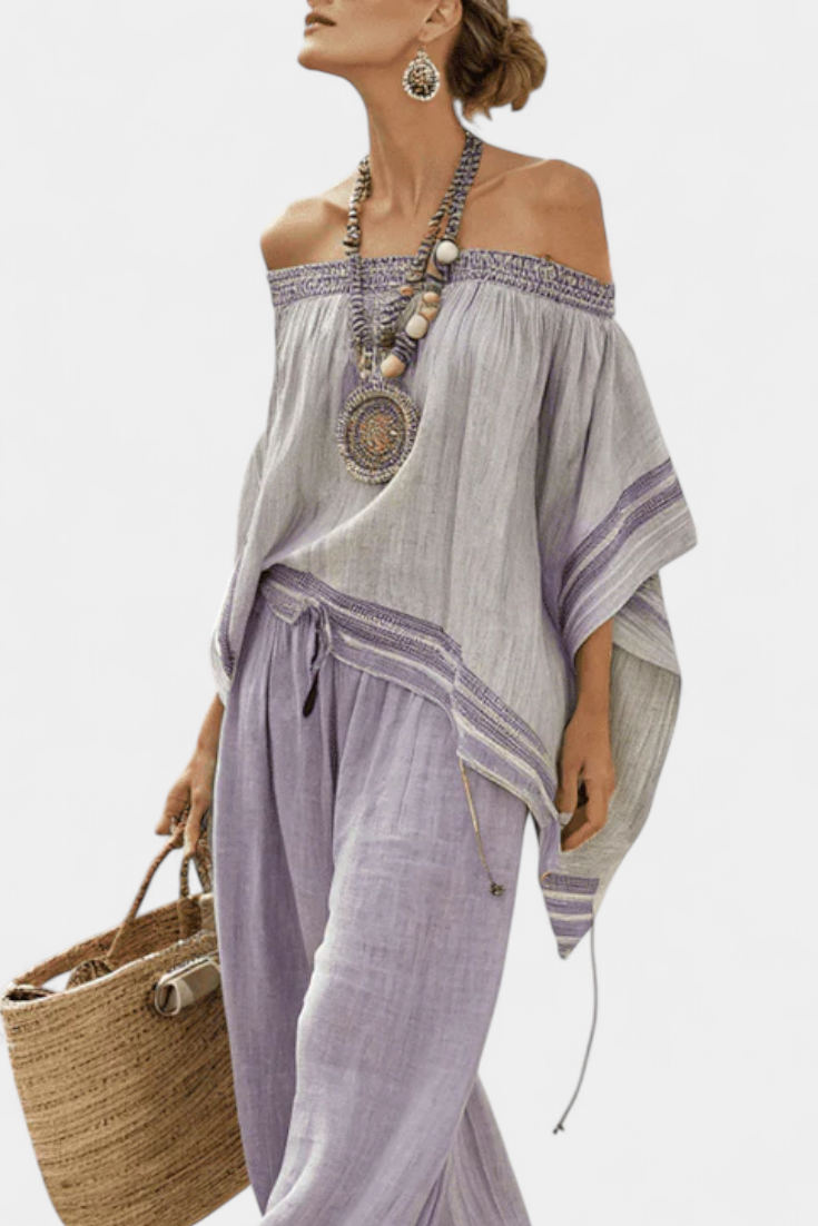 Elegant Ensemble: Off-Shoulder Top & Wide-Leg Pants for a Fresh Look