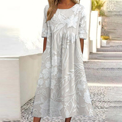 Maëlle – Klassisk Midi-kjole med Print & Lommer