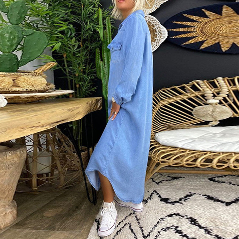 Lina™ - Langærmet maxikjole i denim