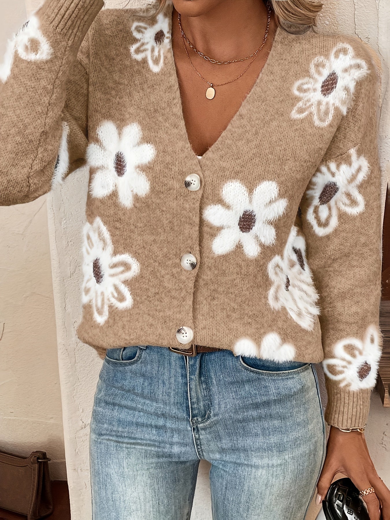 Nina | Strikket Cardigan med Blomstermønster