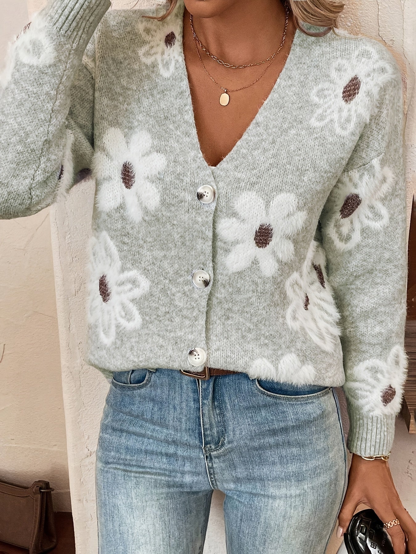 Nina | Strikket Cardigan med Blomstermønster