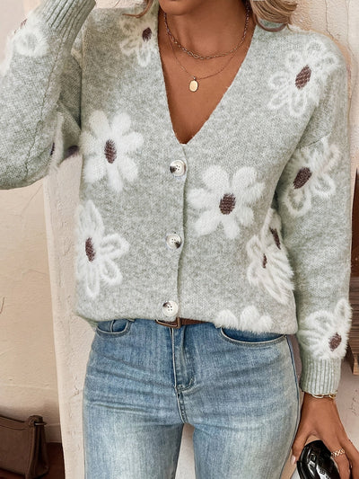 Nina | Strikket Cardigan med Blomstermønster