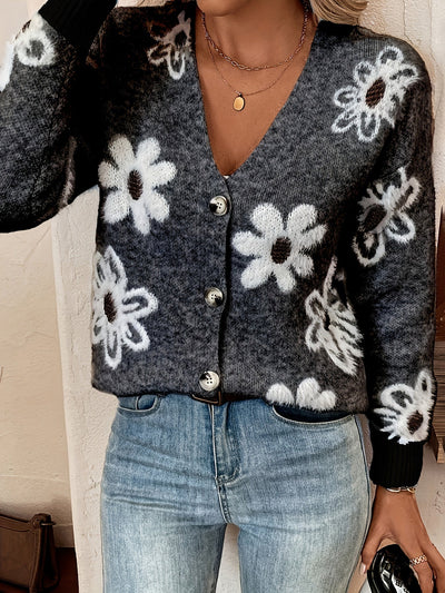 Nina | Strikket Cardigan med Blomstermønster