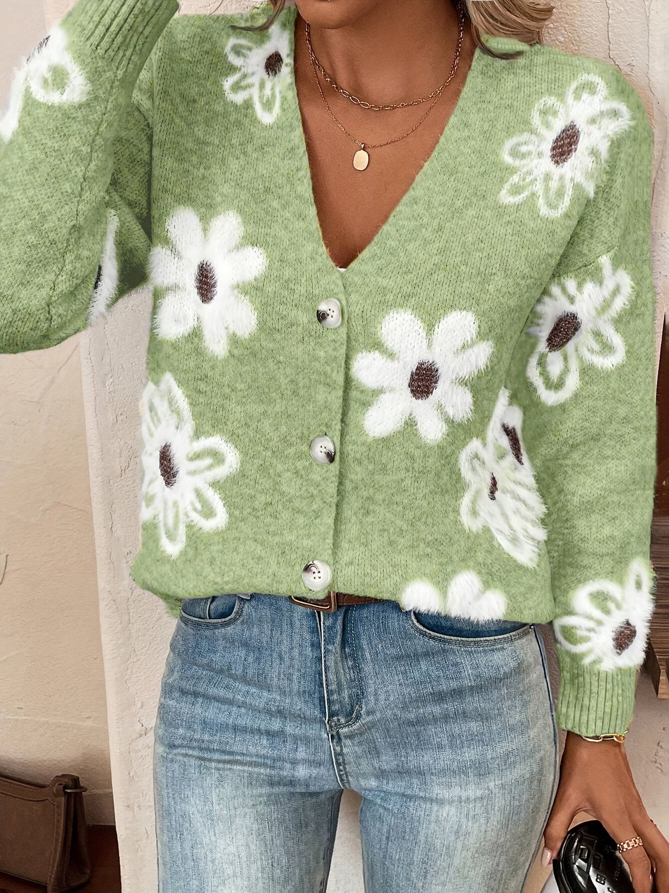 Nina | Strikket Cardigan med Blomstermønster