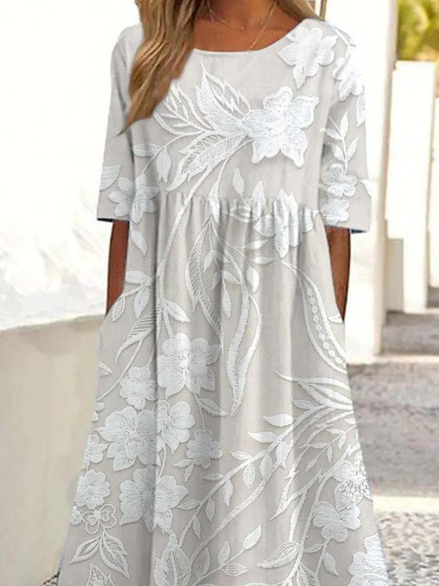 Maëlle – Klassisk Midi-kjole med Print & Lommer