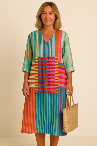 Arla - Kvindernes Vintage Geometriske Mønster Kunsttryk Bomulds Kjole