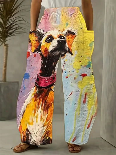 Freja Damebukser i Plus Size med Komfortabelt Katteprint – Løstsiddende Bukser med Vide Ben til Hjemmebrug eller Afslappede Dage