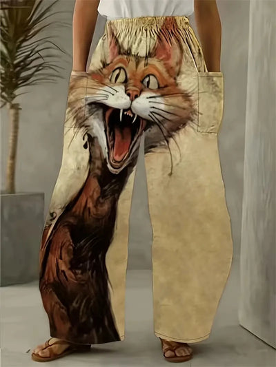 Freja Damebukser i Plus Size med Komfortabelt Katteprint – Løstsiddende Bukser med Vide Ben til Hjemmebrug eller Afslappede Dage