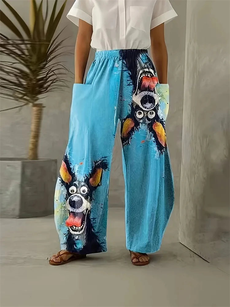 Freja Damebukser i Plus Size med Komfortabelt Katteprint – Løstsiddende Bukser med Vide Ben til Hjemmebrug eller Afslappede Dage