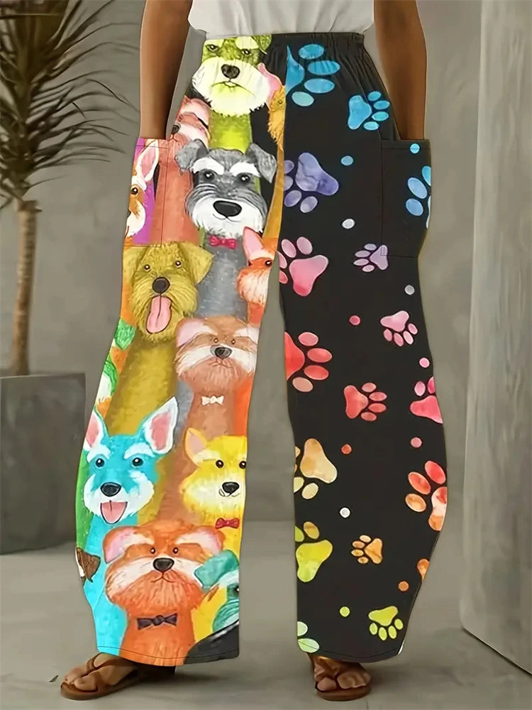 Freja Damebukser i Plus Size med Komfortabelt Katteprint – Løstsiddende Bukser med Vide Ben til Hjemmebrug eller Afslappede Dage