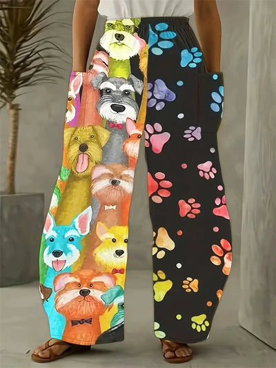 Freja Damebukser i Plus Size med Komfortabelt Katteprint – Løstsiddende Bukser med Vide Ben til Hjemmebrug eller Afslappede Dage