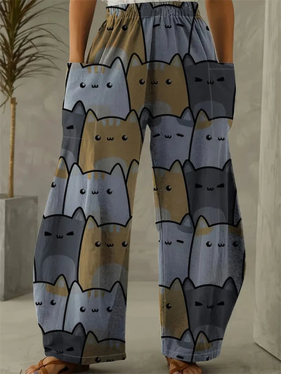 Freja Damebukser i Plus Size med Komfortabelt Katteprint – Løstsiddende Bukser med Vide Ben til Hjemmebrug eller Afslappede Dage