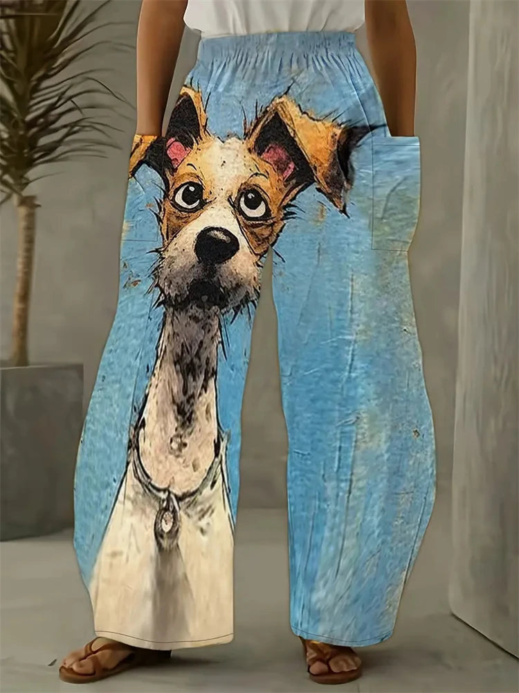 Freja Damebukser i Plus Size med Komfortabelt Katteprint – Løstsiddende Bukser med Vide Ben til Hjemmebrug eller Afslappede Dage