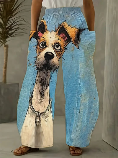 Freja Damebukser i Plus Size med Komfortabelt Katteprint – Løstsiddende Bukser med Vide Ben til Hjemmebrug eller Afslappede Dage