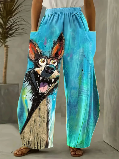 Freja Damebukser i Plus Size med Komfortabelt Katteprint – Løstsiddende Bukser med Vide Ben til Hjemmebrug eller Afslappede Dage