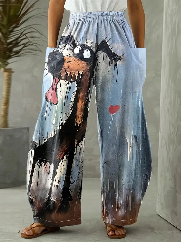 Freja Damebukser i Plus Size med Komfortabelt Katteprint – Løstsiddende Bukser med Vide Ben til Hjemmebrug eller Afslappede Dage