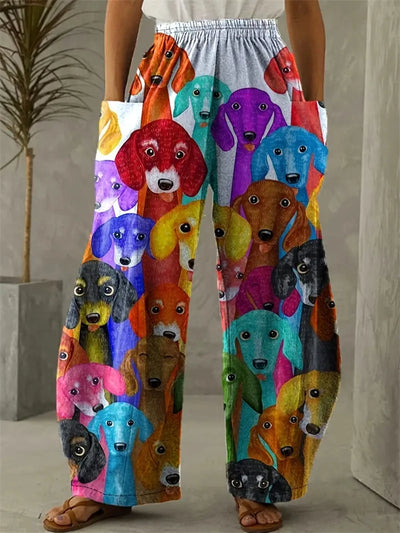 Freja Damebukser i Plus Size med Komfortabelt Katteprint – Løstsiddende Bukser med Vide Ben til Hjemmebrug eller Afslappede Dage