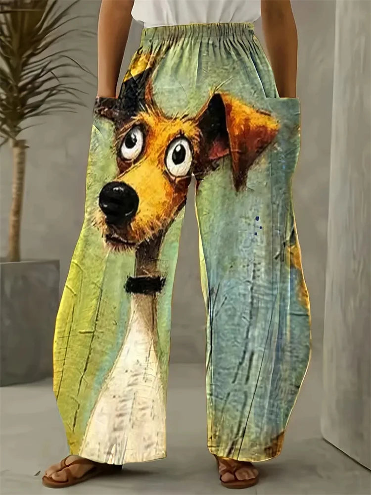 Freja Damebukser i Plus Size med Komfortabelt Katteprint – Løstsiddende Bukser med Vide Ben til Hjemmebrug eller Afslappede Dage