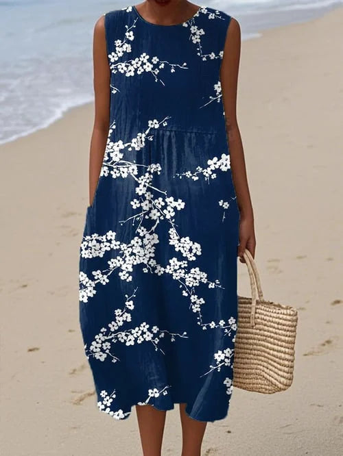 Thora™ – Elegant Midi-Kjole med Blomsterprint